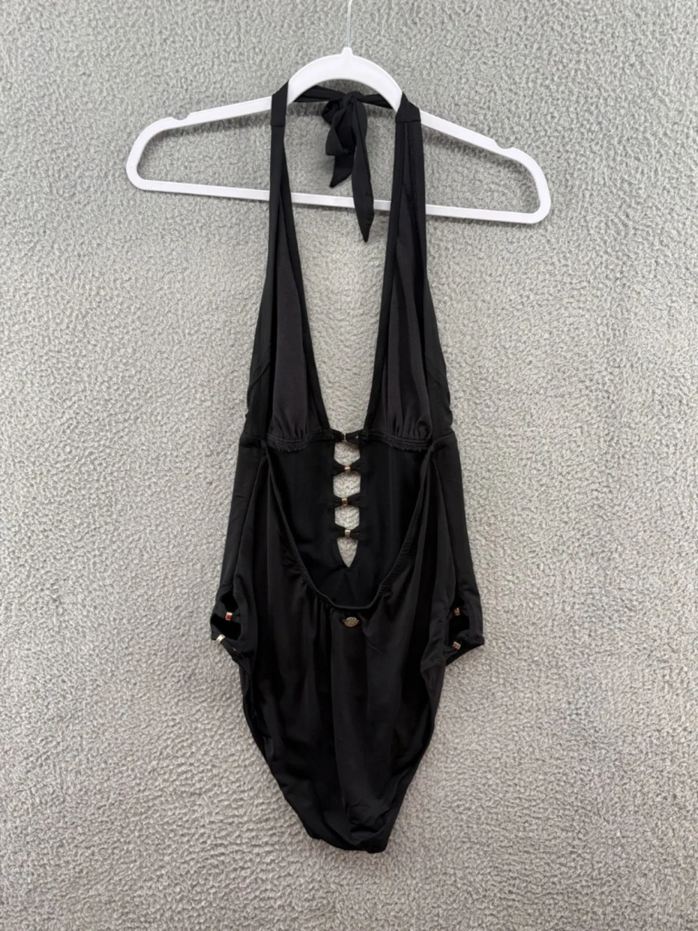 MW by Matthew Williamson Black Halter One Piece Swimsuit Plunge Cutout Gold Hard - Picture 2 of 11